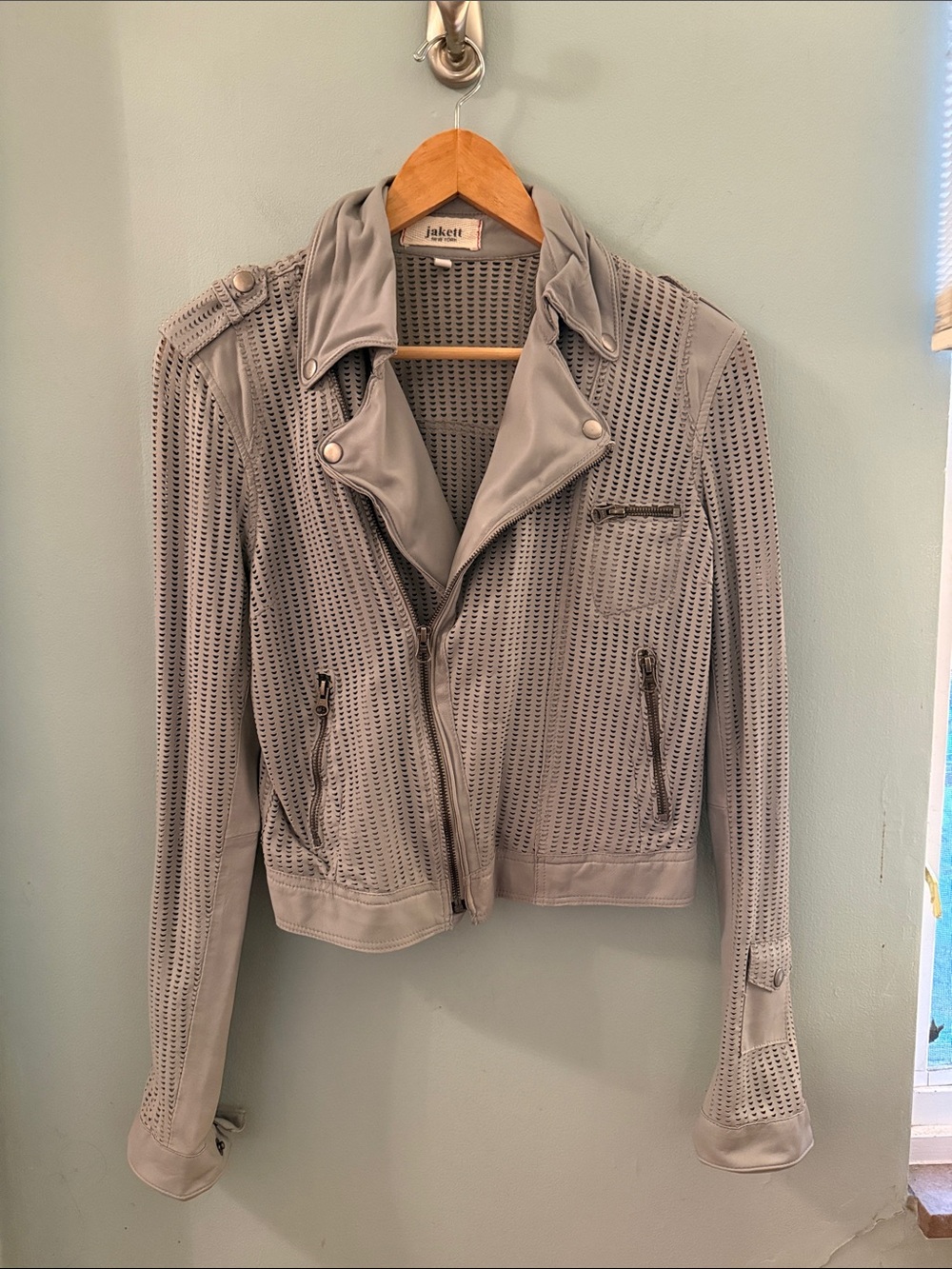 Jakett New York Grey Perforated Leather Moto Jacket